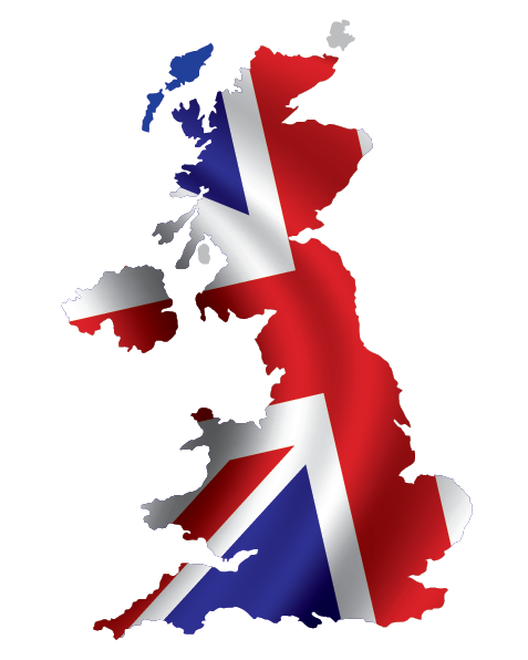 Outline of UK with Union Flag on inside